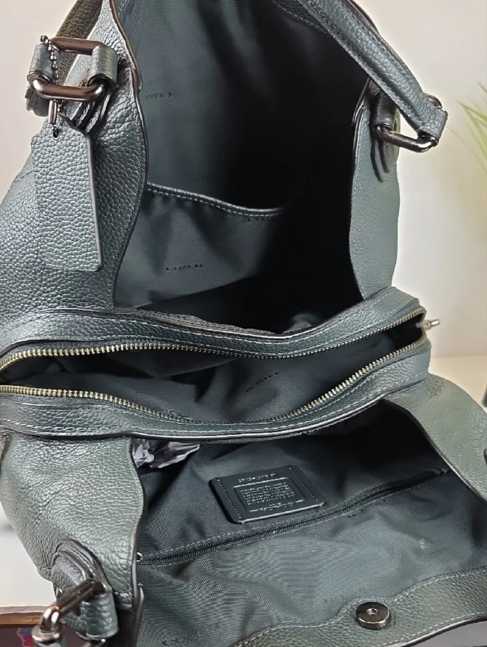 Coach Edie 31 Dark Green Pebbled Leather Hobo Shoulder Bag Gun Metal